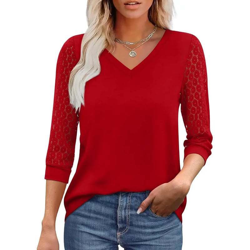 Women v neck 3/4 sleeve tee hollow lace spliced loose fit solid peach casual daily basic top S красный