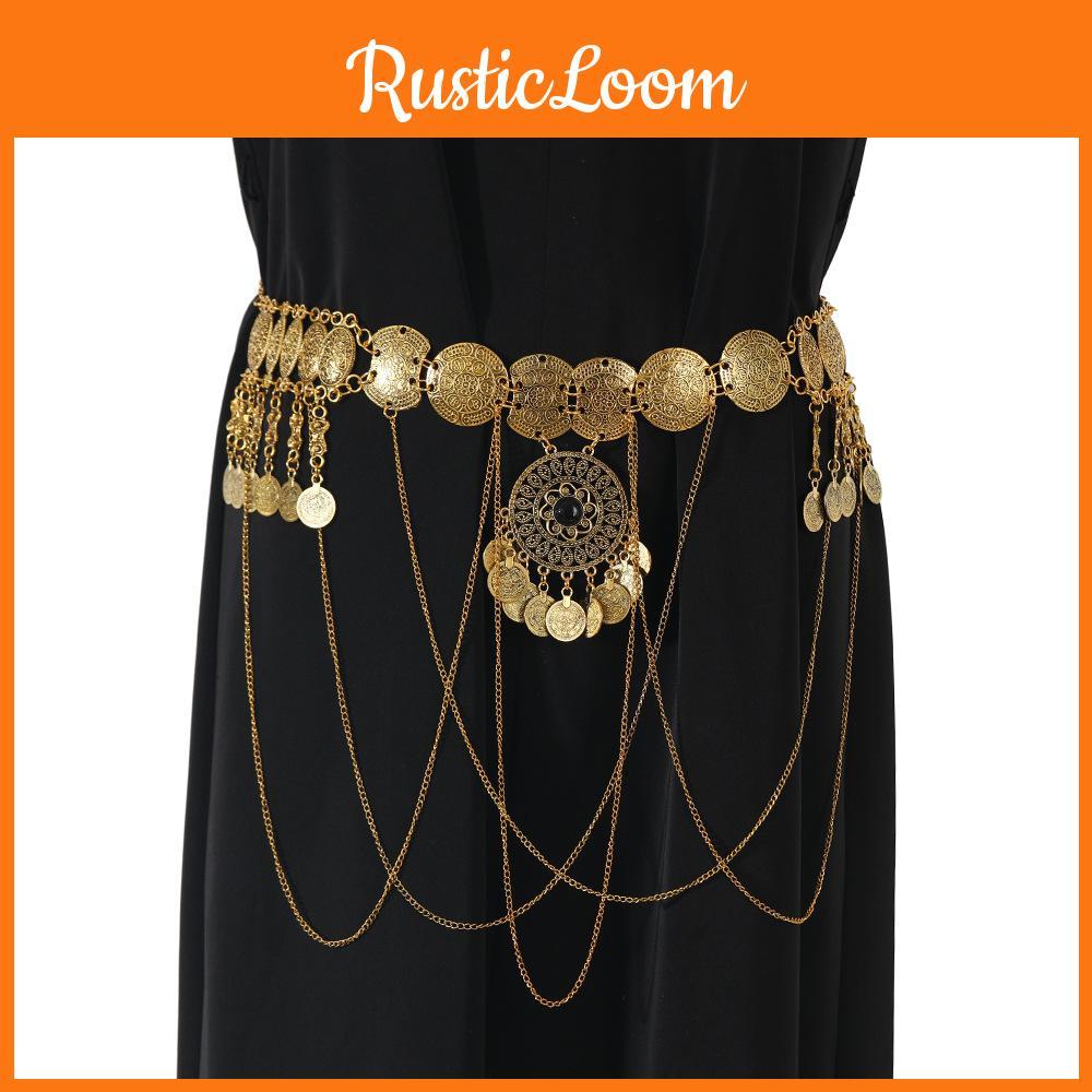 Antique Gold Metal Waist Chain For Women With Tassel And Round Plate Elements For Summer Fashion Accessories