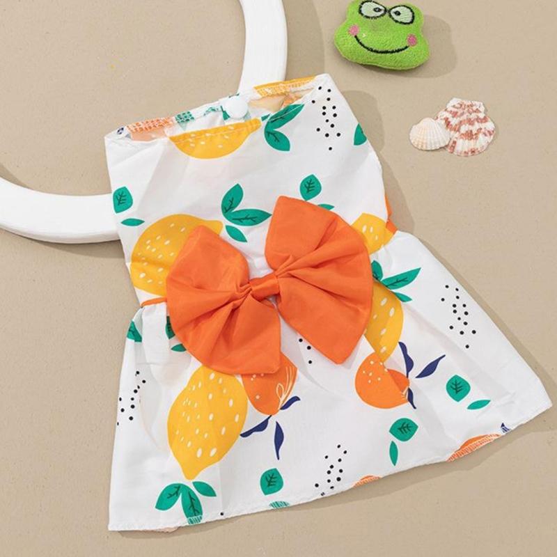 Spring Summer Pet Flower Print Skirt with Bowknot Decors Outdoor Walking Dogs Rabbit Universal Dress Lightweight