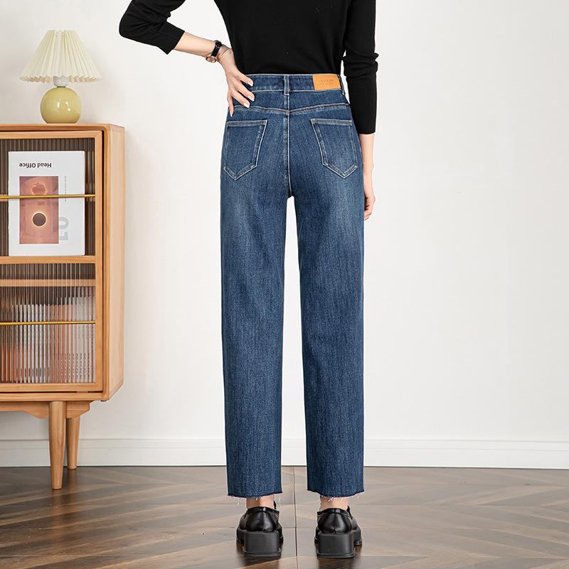 Women's High Rise Straight Leg Jeans Regular Four Way Stretch Denim Cropped Raw Edge Ankle Pants Spring Casual Trousers