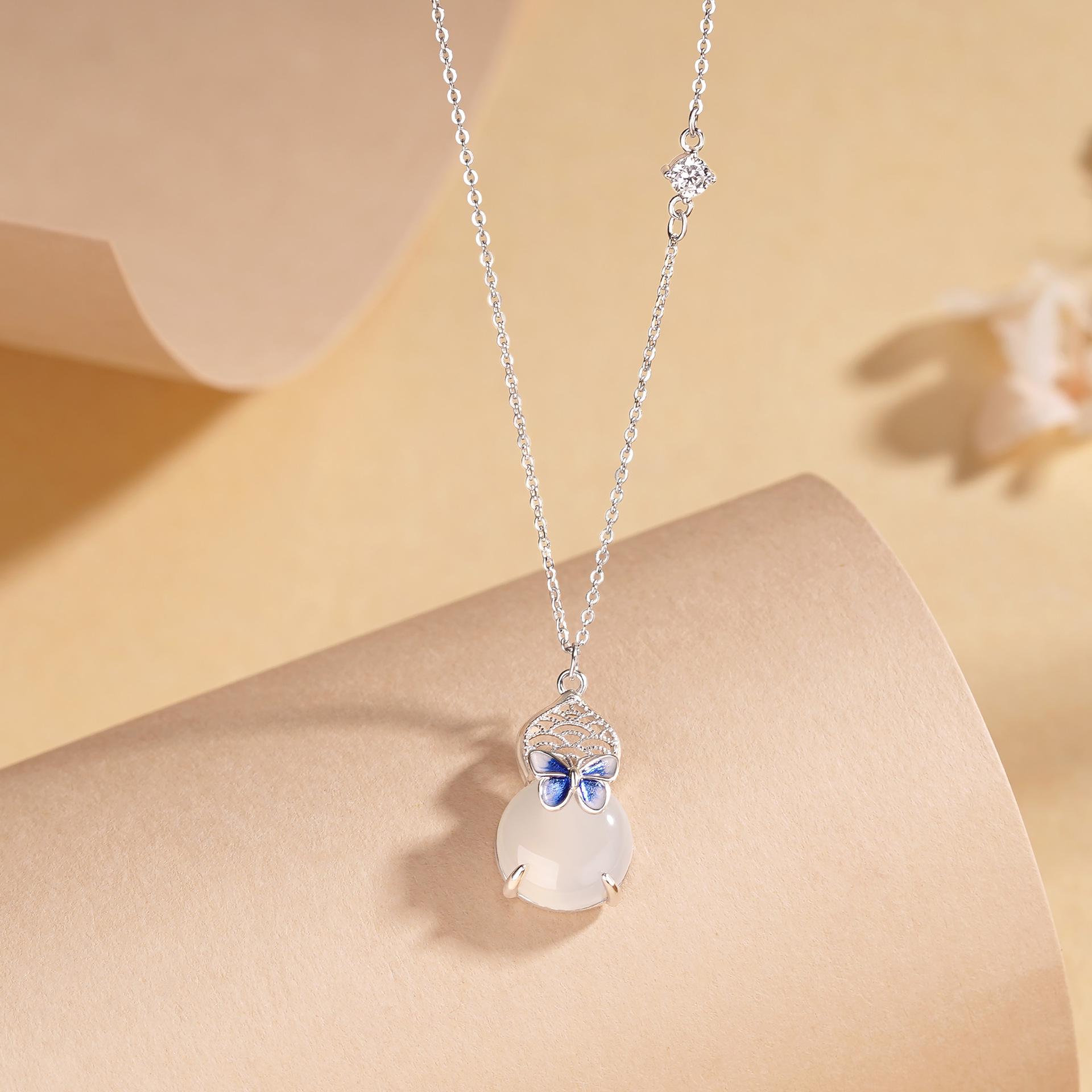 Tichya Fulu Butterfly White Agate Gourd Necklace - S925 Sterling Silver Women s Light Luxury Chinese Style Ornament 925 Silver
