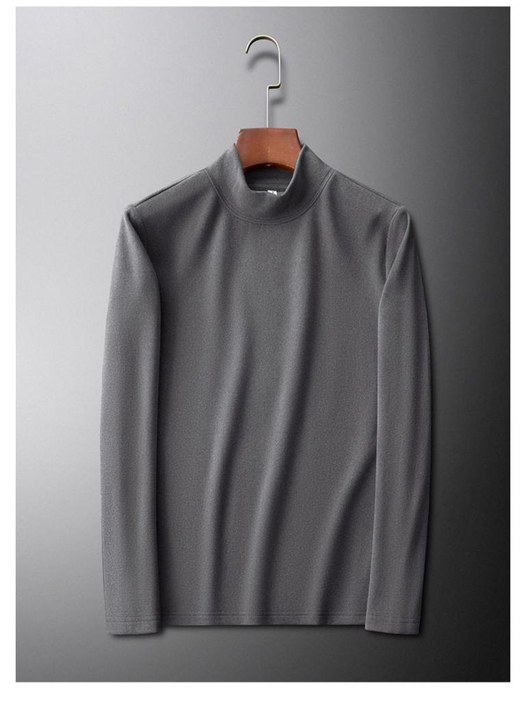 Men's Double-Sided Velvet Half-High Collar Long-Sleeve Black T-Shirt for Autumn and Winter