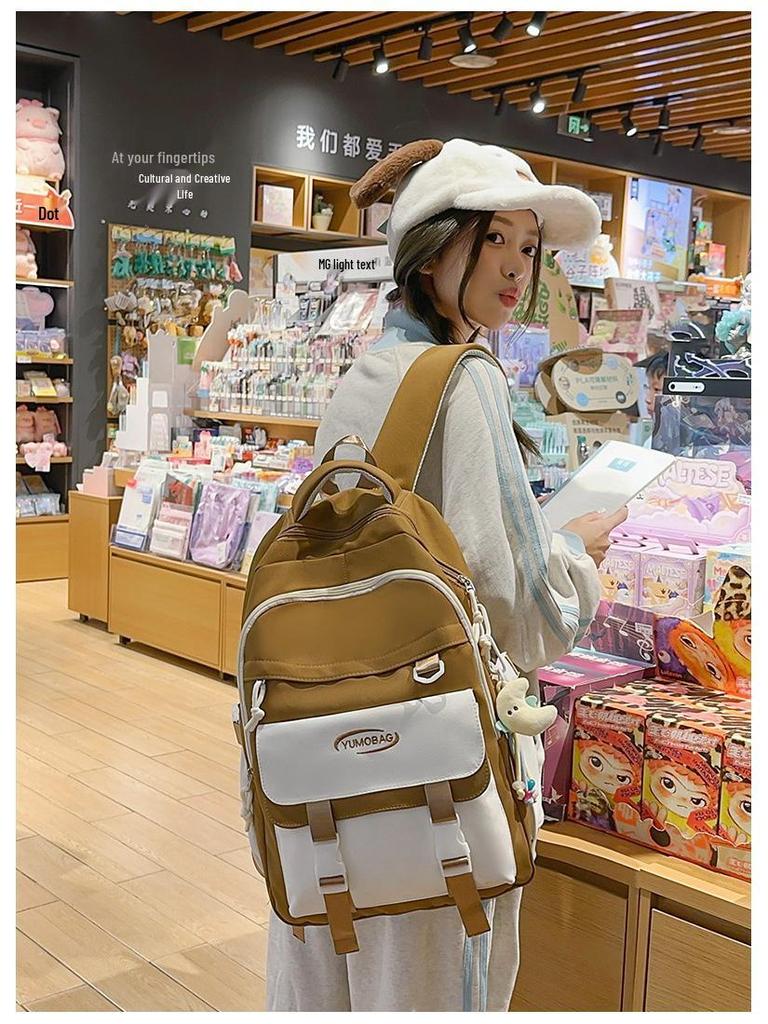 Korean-Style Color Block Backpack for Middle School Girls - Large Capacity Schoolbag