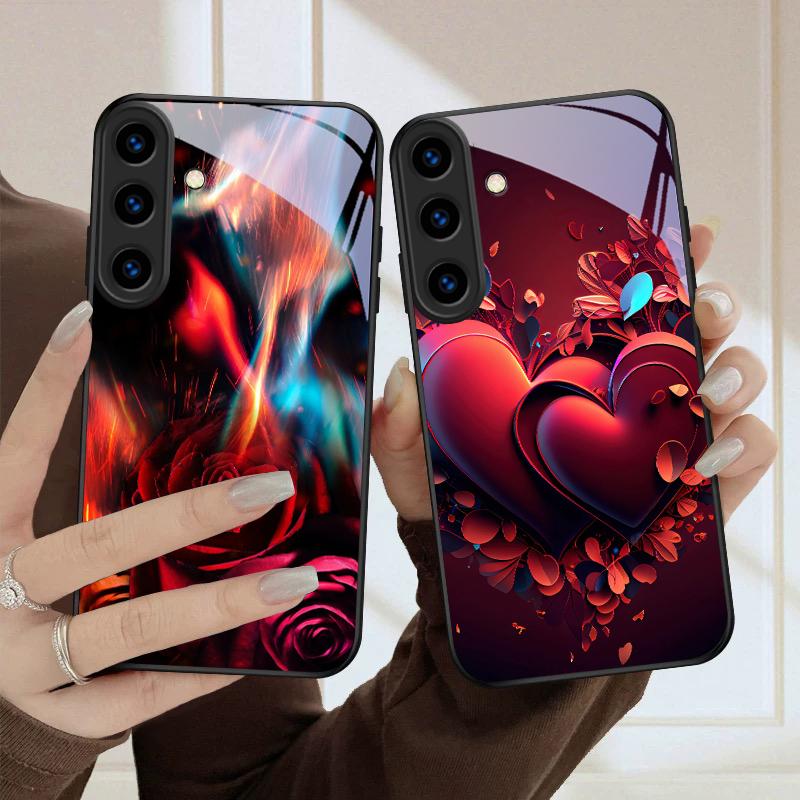 Brilliant Flame Rose For Samsung Galaxy S26 Ultra S25 Edge S24 FE S23 Plus S22 S21 S20 S22+ S24+ S25+ Black Glass Phone Case