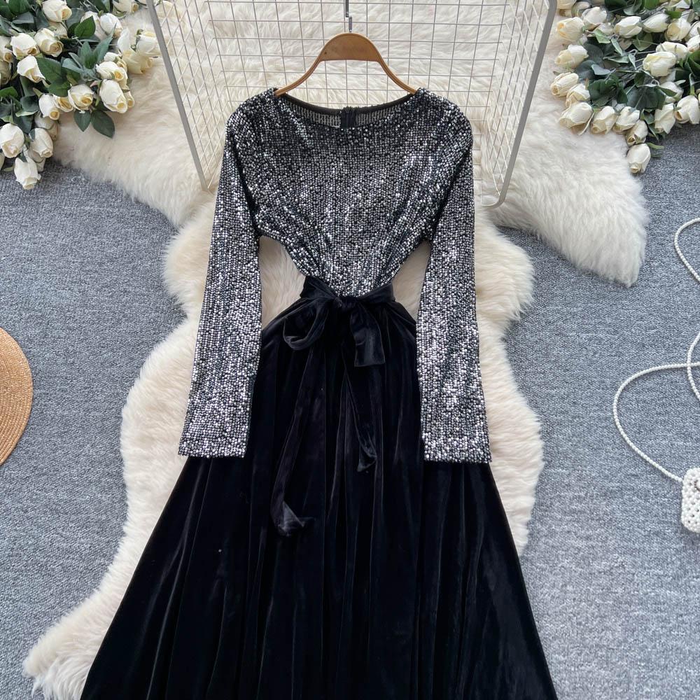 Chic Vintage Sequin Velour Long Sleeve Elegant Fairy Korean Fashion Autumn Fashion Dresses Women Clothing