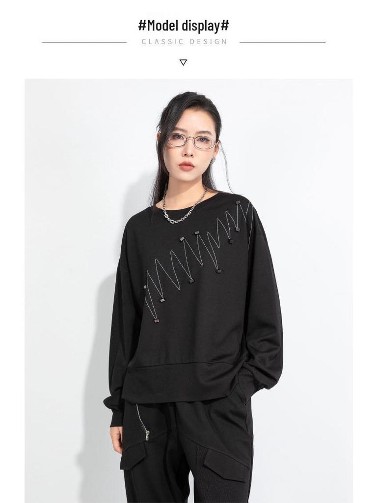 Damen Übergröße T-Shirt im Dark Style mit 3D-Dekoration: Herbst 2025 Koreanischer Lazy Wind Yamamoto-Stil