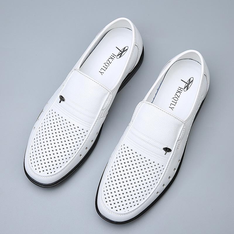 White leather shoes men's hole-hole hollowed-out breathable sandals wear-resistant mesh Korean version handmade men's leather sandals white leather