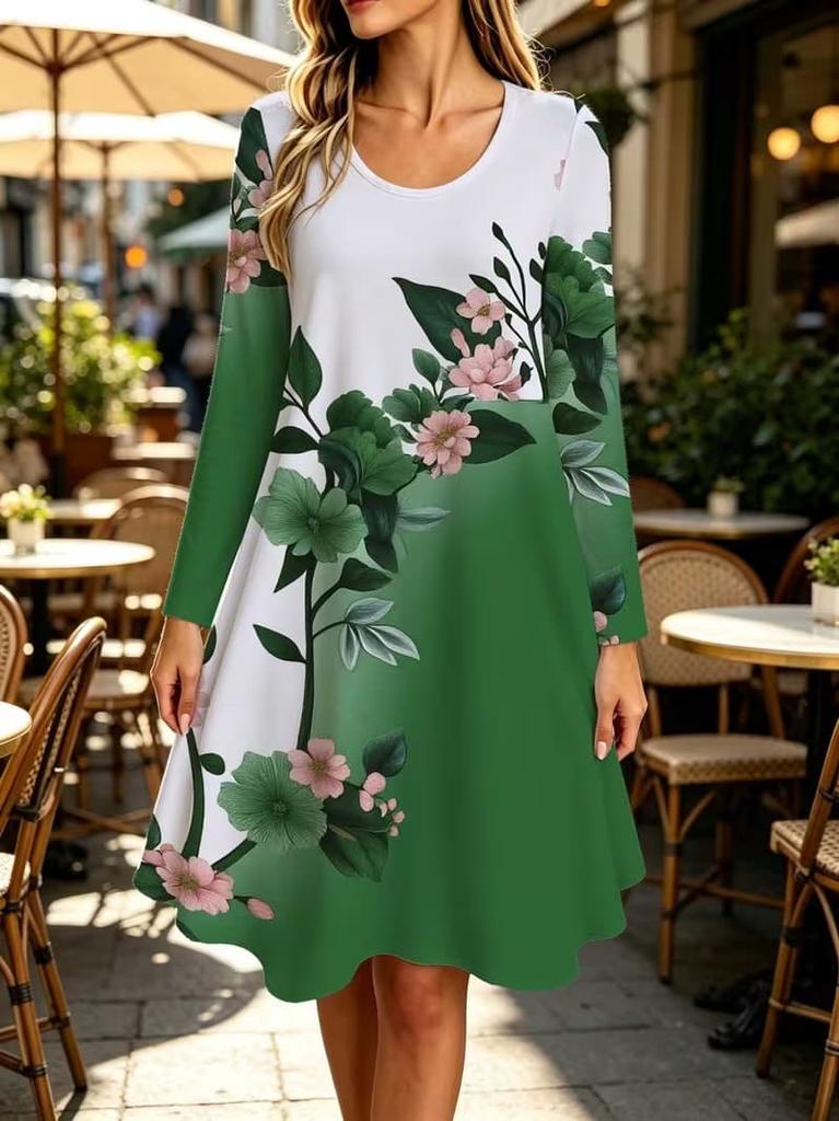 Spring Autumn Women Dress Casual Long Sleeve O-neck 3D Print Loose A-Line Dress Oversized Home Wear Robe