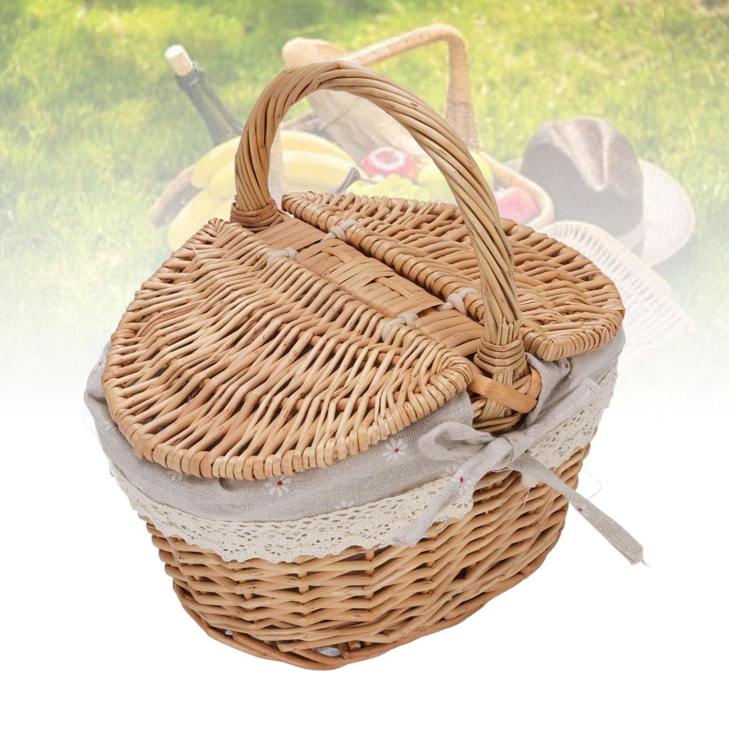 Vocante Picnic Basket with Removable Liner, Empty Picnic Baskets with Lid, Vintage Picnic Basket with Foldable Fabric Handle for Outdoor Picnic Campin