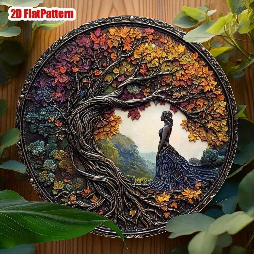 Old Money Tree Hole Aluminum Wall Art 8x8 Inch Round Metal Medallion for Home Office Decor