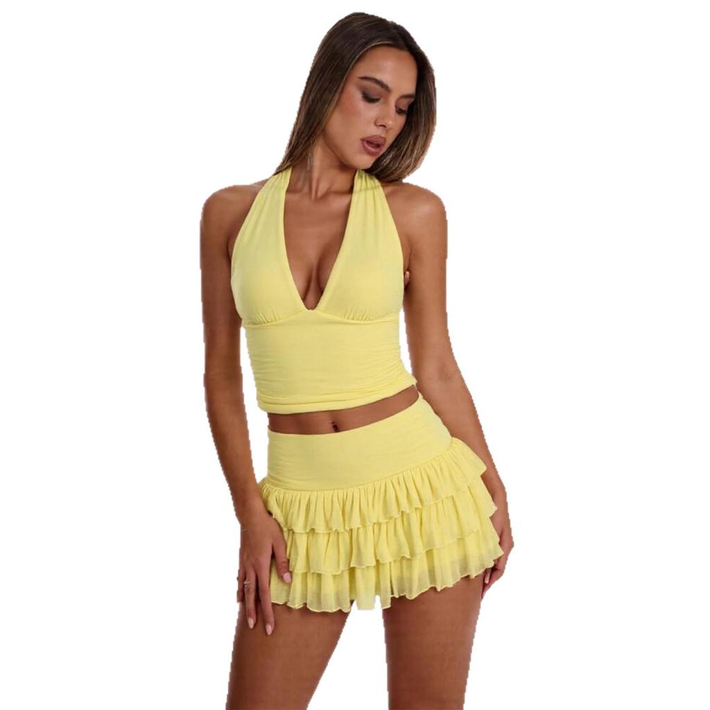 Europäisches Neckholder Bodycon Rock Set: Scharfes plissiertes V-Ausschnitt-Camisole-Kleid