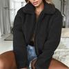 Lapel Women Jacket Winter Coat Thick Plush Solid Color Long Sleeve Zip Up Soft Warm Pockets Casual Elastic Cuff Outdoor Short Cold Weather