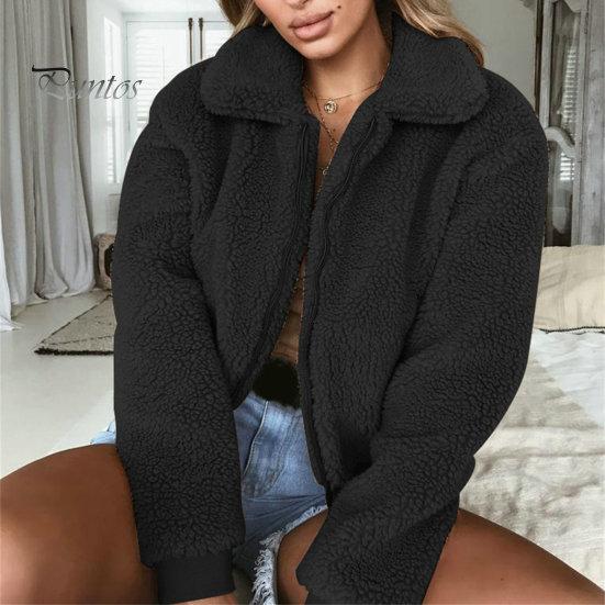 Lapel Women Jacket Winter Coat Thick Plush Solid Color Long Sleeve Zip Up Soft Warm Pockets Casual Elastic Cuff Outdoor Short Cold Weather