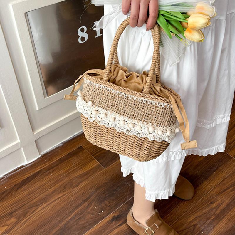 Yogodlns Women Straw Woven Bag Straw Tote Bag Large Capacity Weaving Shoulder Purse with Lace Woven Shopping HandBag Summer Beach Clutch