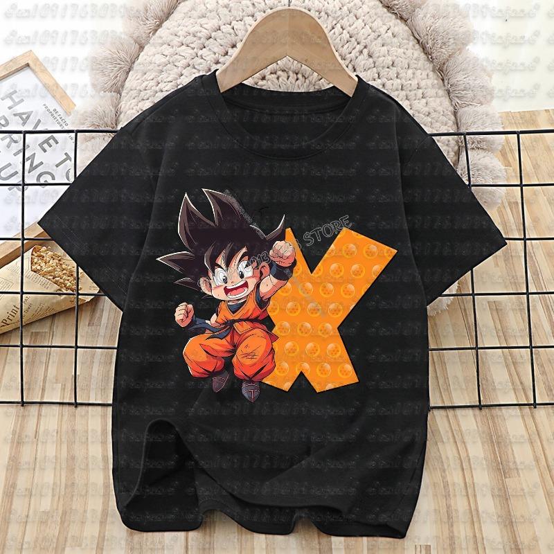 Dragon Ball Goku T-shirt Cotton Children A-Z Letter Tee Top Black Round Collar Clothing Boys Girl Summer Short Sleeve Kids