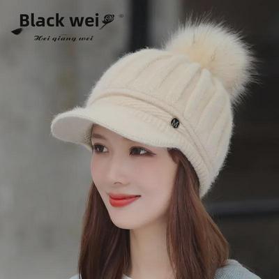Berretto da baseball lavorato a maglia in pelliccia di coniglio in stile coreano per donna - Cappello invernale in lana a tinta unita con protezione per le orecchie e fodera in velluto.