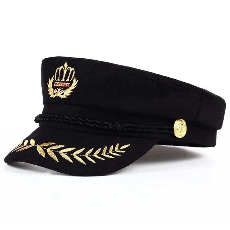 Unisex Blaue Kapitänskappe - Weizenähren-Militärkappe für Männer & Frauen, Flache Kappe Matrosenbarett für Frühling Herbst, Schwarz Große Größe