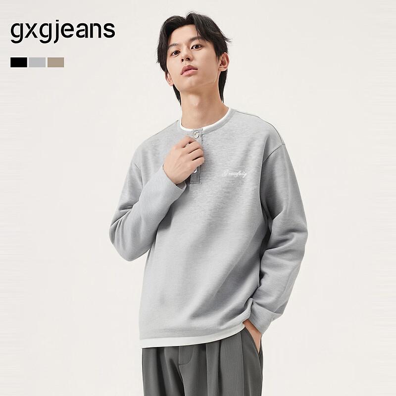 gxg.jeans Men s Letter Embroidered Mock Layer Half-Placket Sweatshirt L