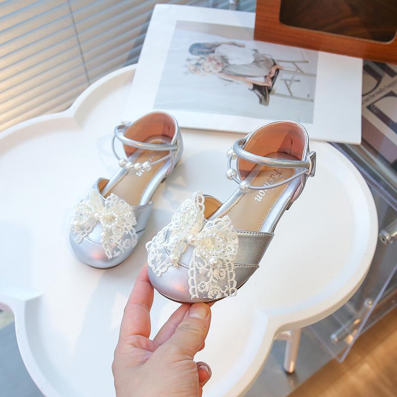 

Girls Half Sandals Mesh Lace Bow Kids Princess Shoes Round for Party Wedding 2025 Summer Girls Dance Shoes Round Toes Ins Trendy 23 серебряный