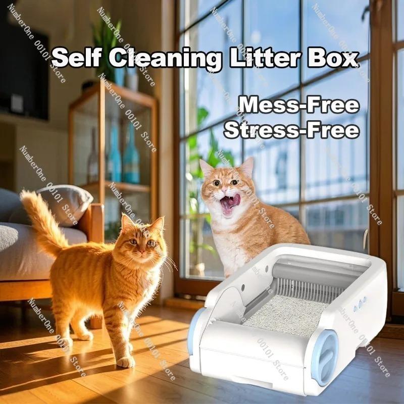 Smart Stainless Steel Base Cat Litter Box, Fully Automatic Open Litter Box with Wi-Fi Cleaning App, Self-Cleaning Cat Toilet