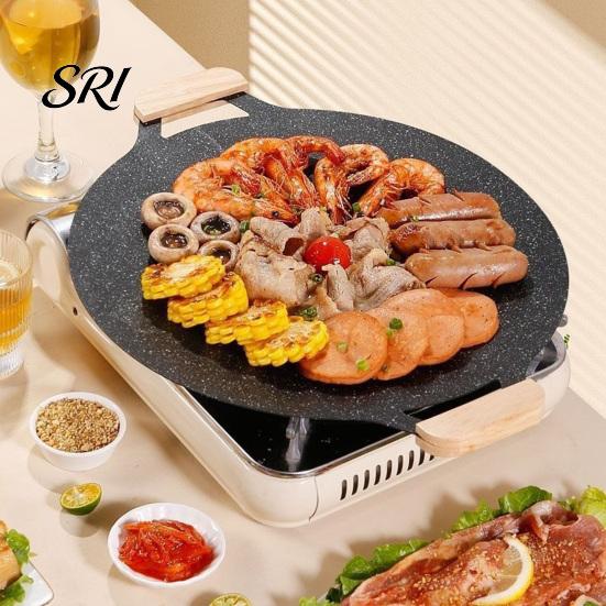 Family Size Outdoor Cooking Pan Electric Smokeless Grill, Nonstick Griddle, Korean BBQ Meat Roaster Cassette Stove Compatible with Handle, Round