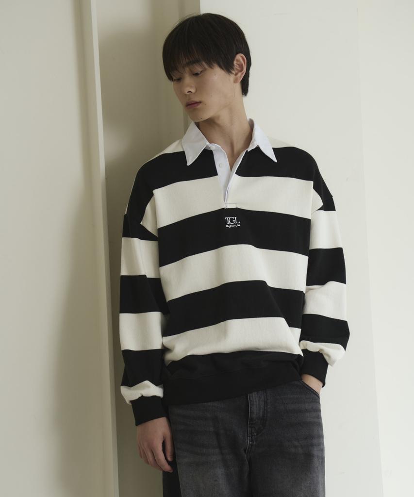 THE GREEN LAB Striped Rugby Collar Sweatshirt [Black]
