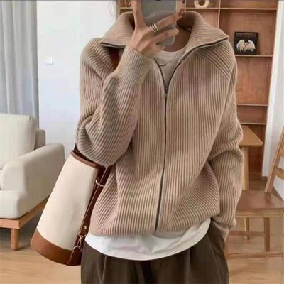Damen 2024 Koreanischer Retro Strick-Cardigan mit Reißverschluss: Herbst/Winter Lockerer Lässiger Umlegekragen Pullover