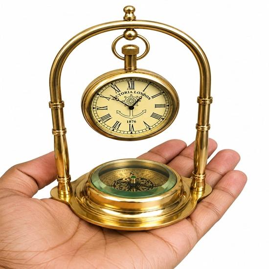 Brass Hanging Pocket Watch Clock with Compass, Nautical Desk Clock, Maritime Table Decor, Antique Style Brass