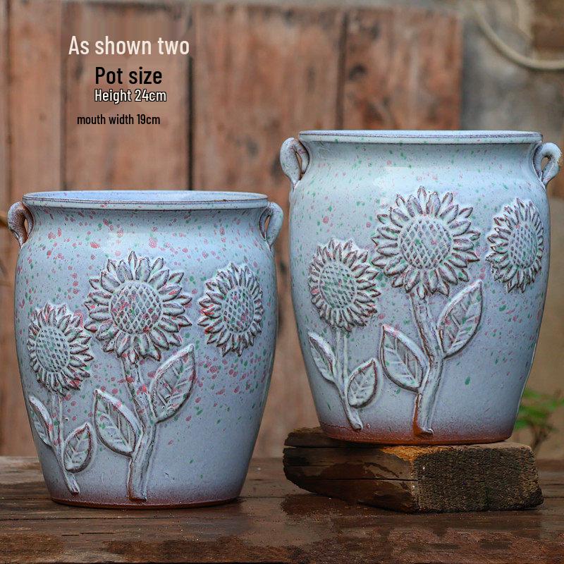 Handmade Embossed Rose Ceramic Succulent Pot, Tall Breathable Coarse Pottery, Large Mouth Plant Pot with Flower Design.