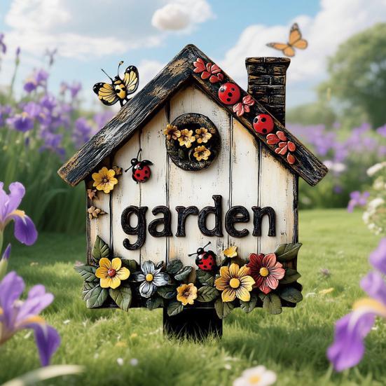 Wooden Decorative Garden Stake, Farmhouse Rustic Flower Butterfly Bee Ladybug Yard Art, Welcome Sign for Outdoor Yard Lawn Patio Pathway