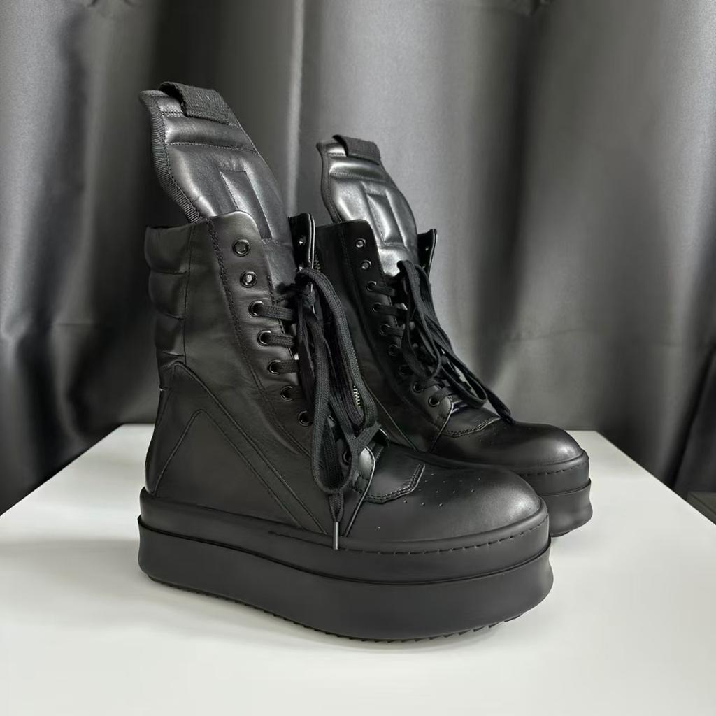 Thick Sole 7cm Flat Cowhide Euro Trainer  Handmade Rock High Street Zipper Quality Boots