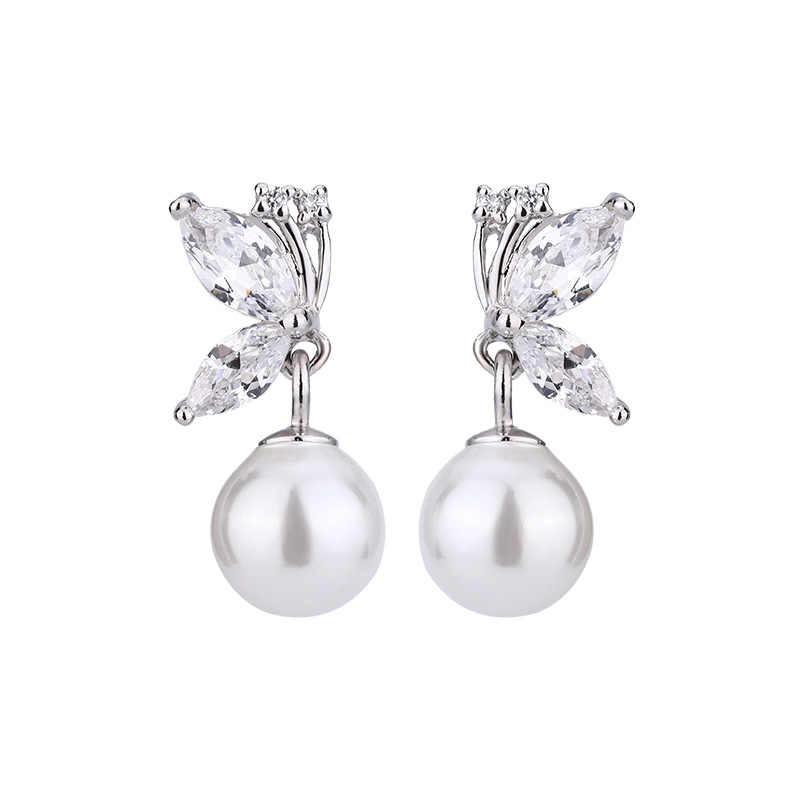 New French Design Pearl Zircon Butterfly Wing Earrings In Fairy Style with Shell Beads