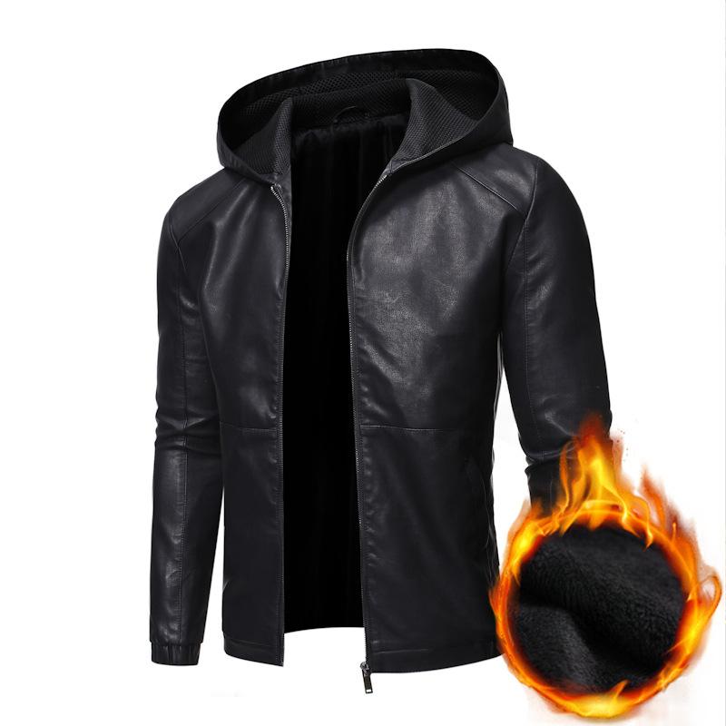Autumn and Winter Hooded Leather Men Plus Fleece Slim Motorcycle Leather PU Leather Jacket Blue Korean Coat Hooded Top