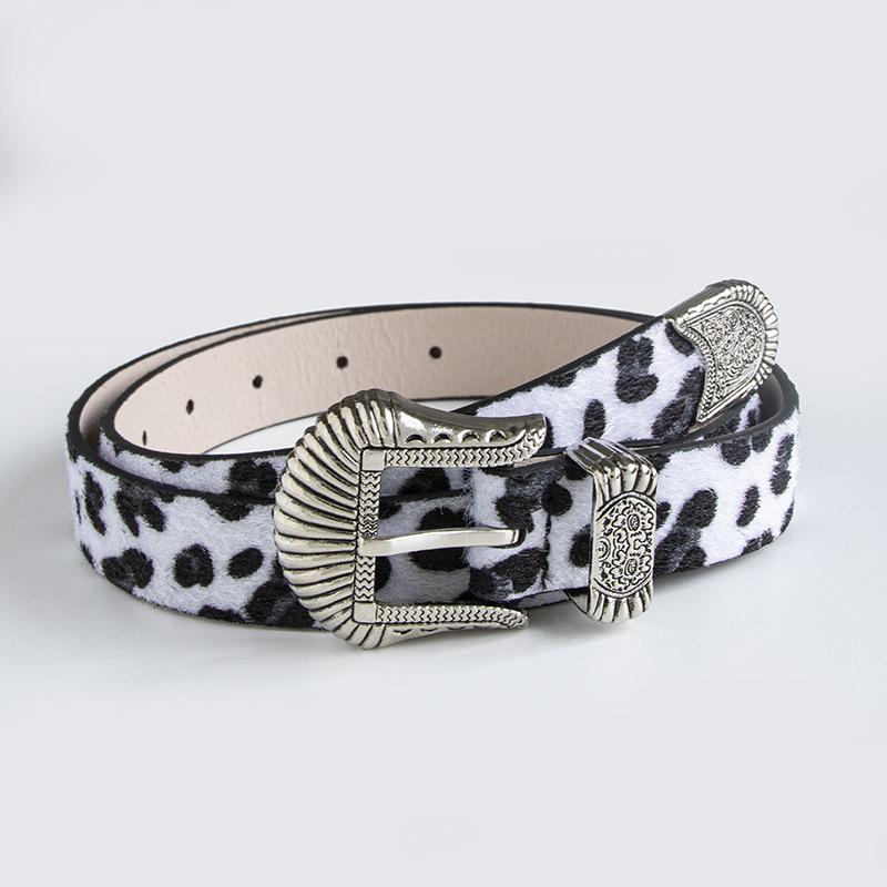 New Retro Carved Imitation Horsehair Leopard Print Fashionable Dopamine Western Buckle Belt for Women's Waist Belt