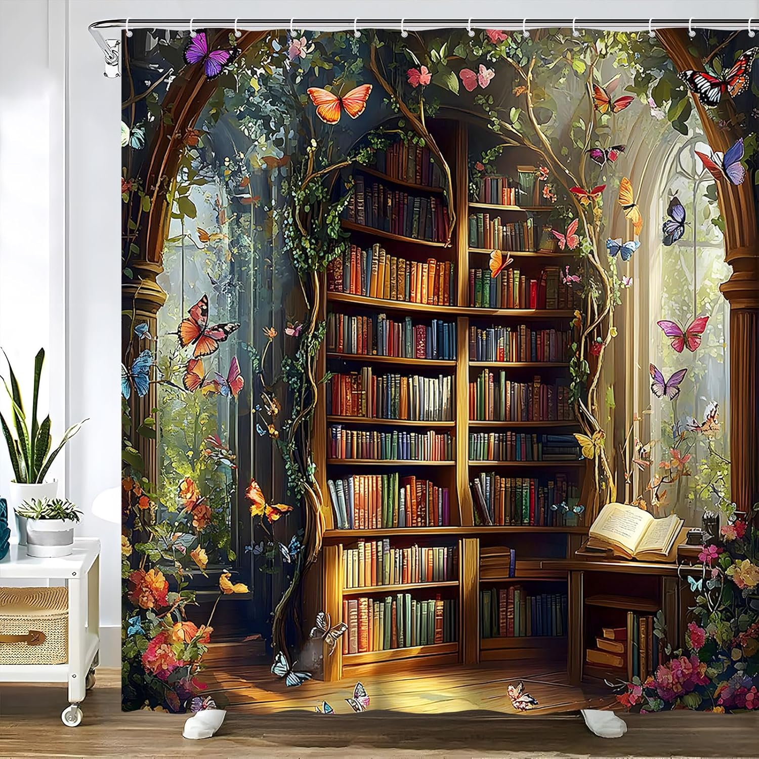 Annier Fantasy Library Shower Curtain Gothic Bookshelf Greenhouse Flower Butterfly Plant Vine Enchanted Bookcase Fairytale