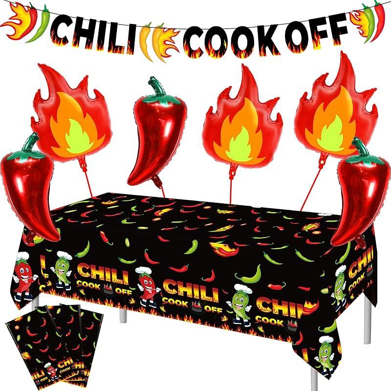 10 Pcs Chili Cook Off Decorations Set Chili Cook Off Banner Chili Pepper Disposable Tablecloth Plastic Table Cover Balloons Fire Balloons Chili