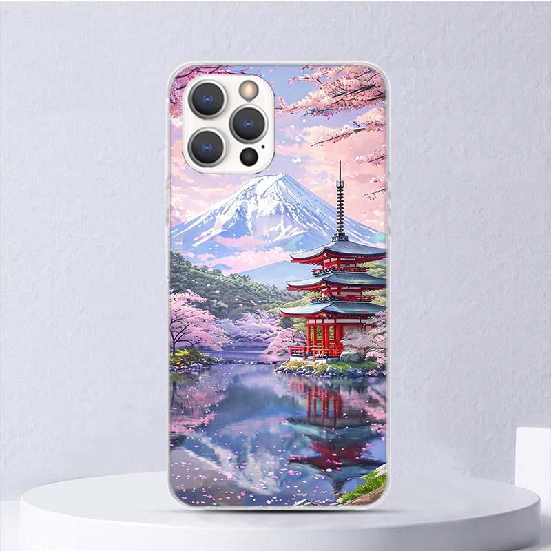 Japanese Cherry Mount Fuji Soft Case For iPhone 16 17 Air 16E 15 Plus 11 12 13 Mini 14 Pro Max Phone Cover Apple 7 8 SE Coque Fu