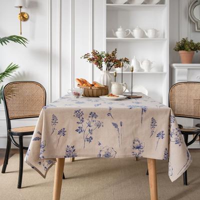 Tablecloth Bee Blue Flower Print Sketch Fresh Table Cloth Cotton and Linen Rectangle