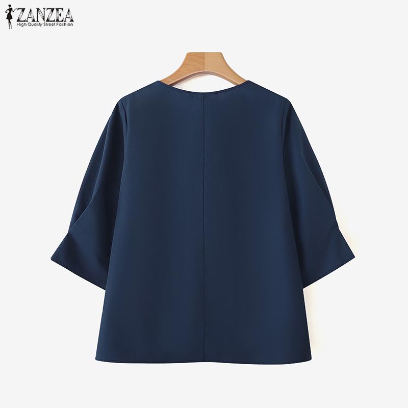 ZANZEA Women Casual V-Neck Solid Color Loose 3/4 Sleeve Blouse