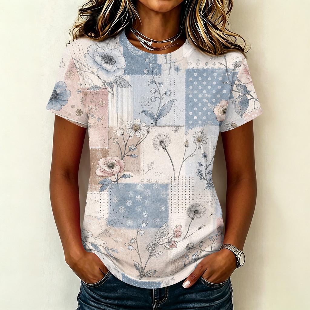 Damen Freizeit Pullover Kurzarm T-Shirt Blumenprint Rundhalsausschnitt Oberteil Weiches Leichtes Sommer-T-Shirt für den Alltag