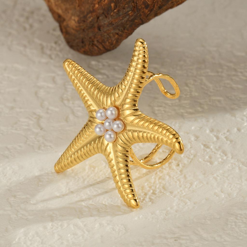 Freeteeme Ocean Element Ring for Women Men Stainless Steel Gold Color Starfish Shell Open Rings Sea Series Jewelry Couple Gift