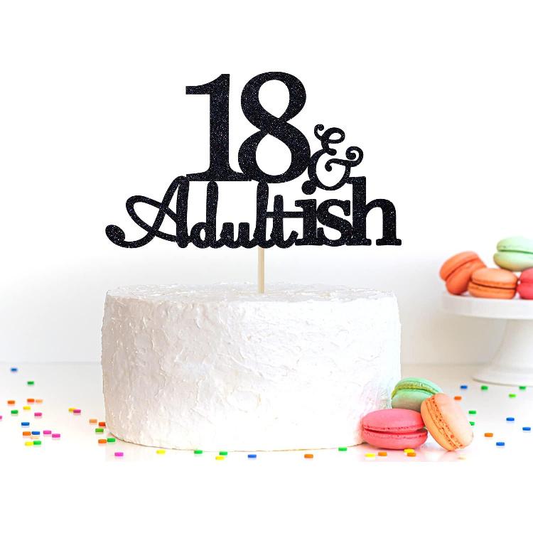 Black Glitter 18 and Adultish Cake Topper for Eighteen Birthday Party, Time To Adult Cake Decorations, 18th Birthday Party Decorations for Girls Boys