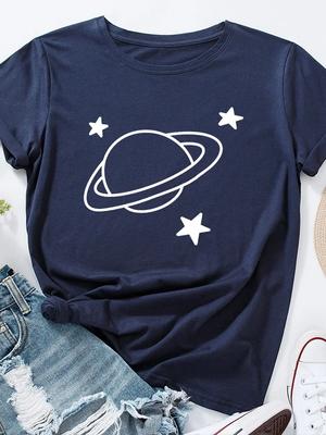Stars Surround Earth Print T Shirt Women Short Sleeve O Neck Loose Tshirt Summer Women Causal Tee Shirt Tops Camisetas Mujer