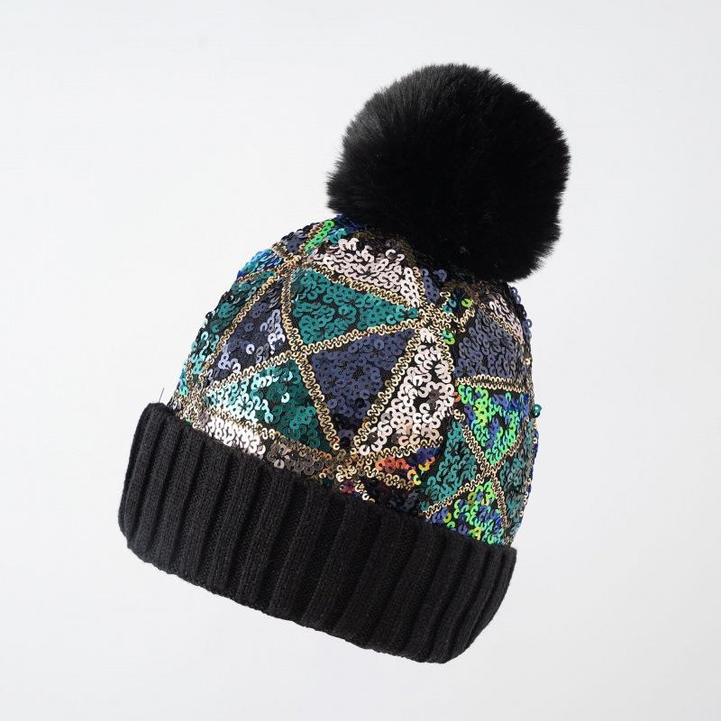 New sequined wool hat autumn and winter shiny beads keep warm removable hairball knitted hat women
