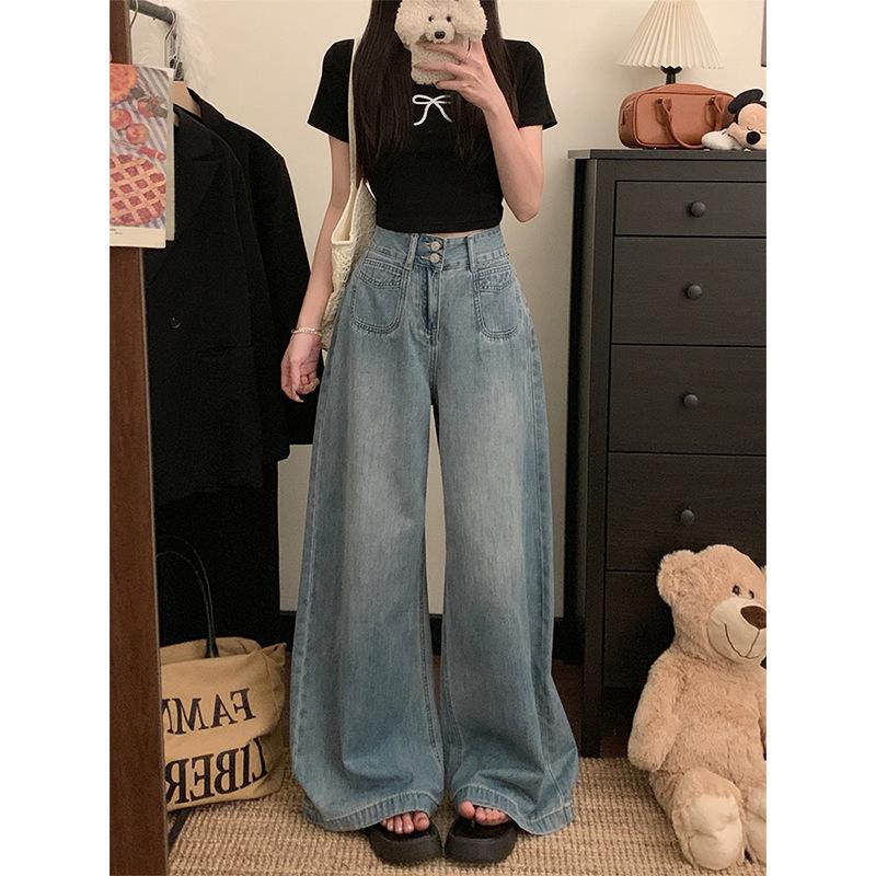American retro design wide-leg jeans women's summer high-waisted large-size loose and thin floor-mopping straight-leg pants
