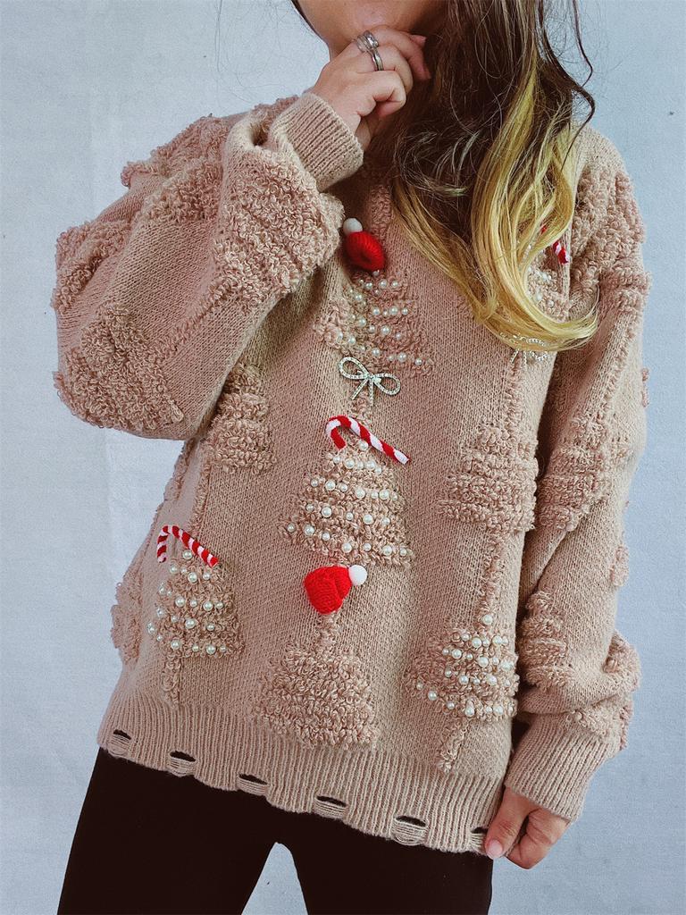Solid color handmade pearl Christmas three-dimensional decoration plush New Year sweater Christmas sweater 3612 EMA
