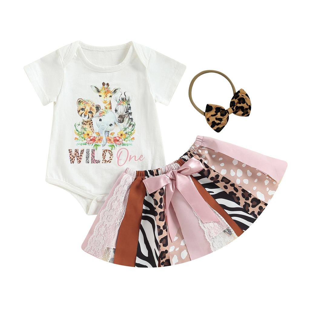 Bebê Menina Roupas de Verão Ternos Manga Curta Gola Redonda Macacão Padrão Zebra Leopardo Renda Patchwork Saias Faixa de Cabeça Conjunto de 3 Peças