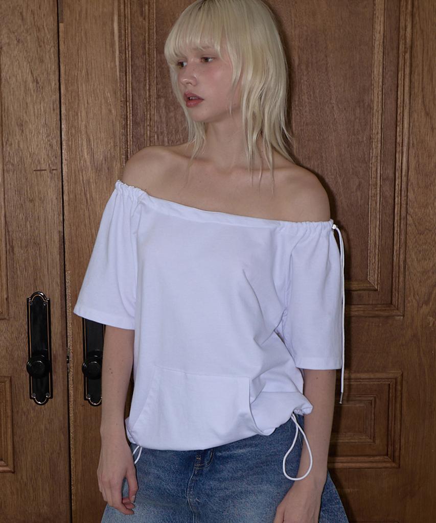 Lense Drawstring Off Shoulder Tee White