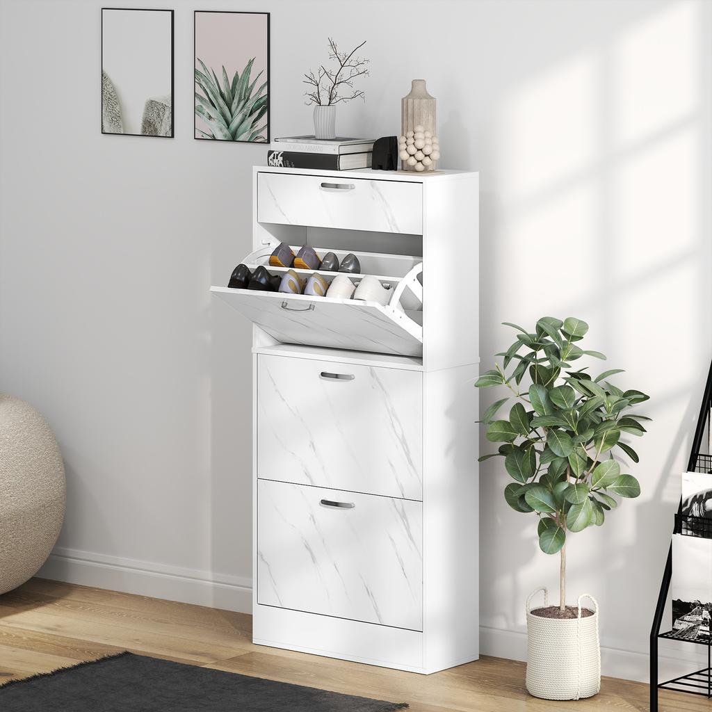 Marble Shoe Storage Cabinet with 3 Flip Drawers, Hallway Cabinet with Top Drawer and Adjustable Shelves, Shoe Cupboard for 18 Pairs, White