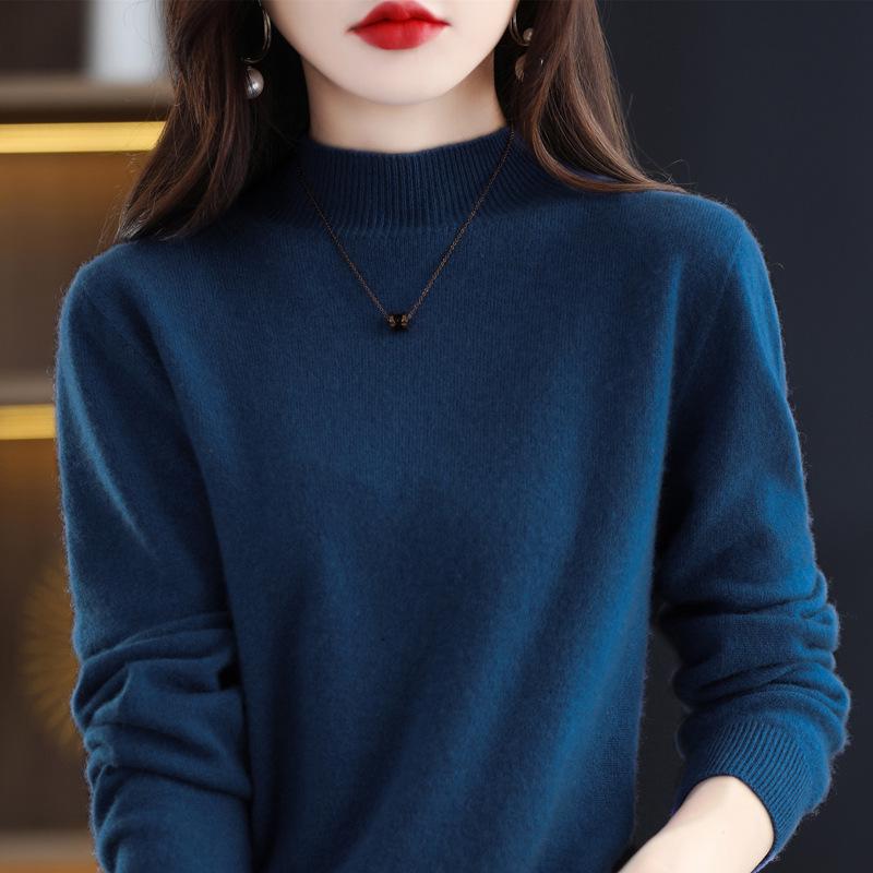 Women's Pure Wool Ribbed Sweater - Autumn/Winter Loose Fit Semi-High Neck Pullover